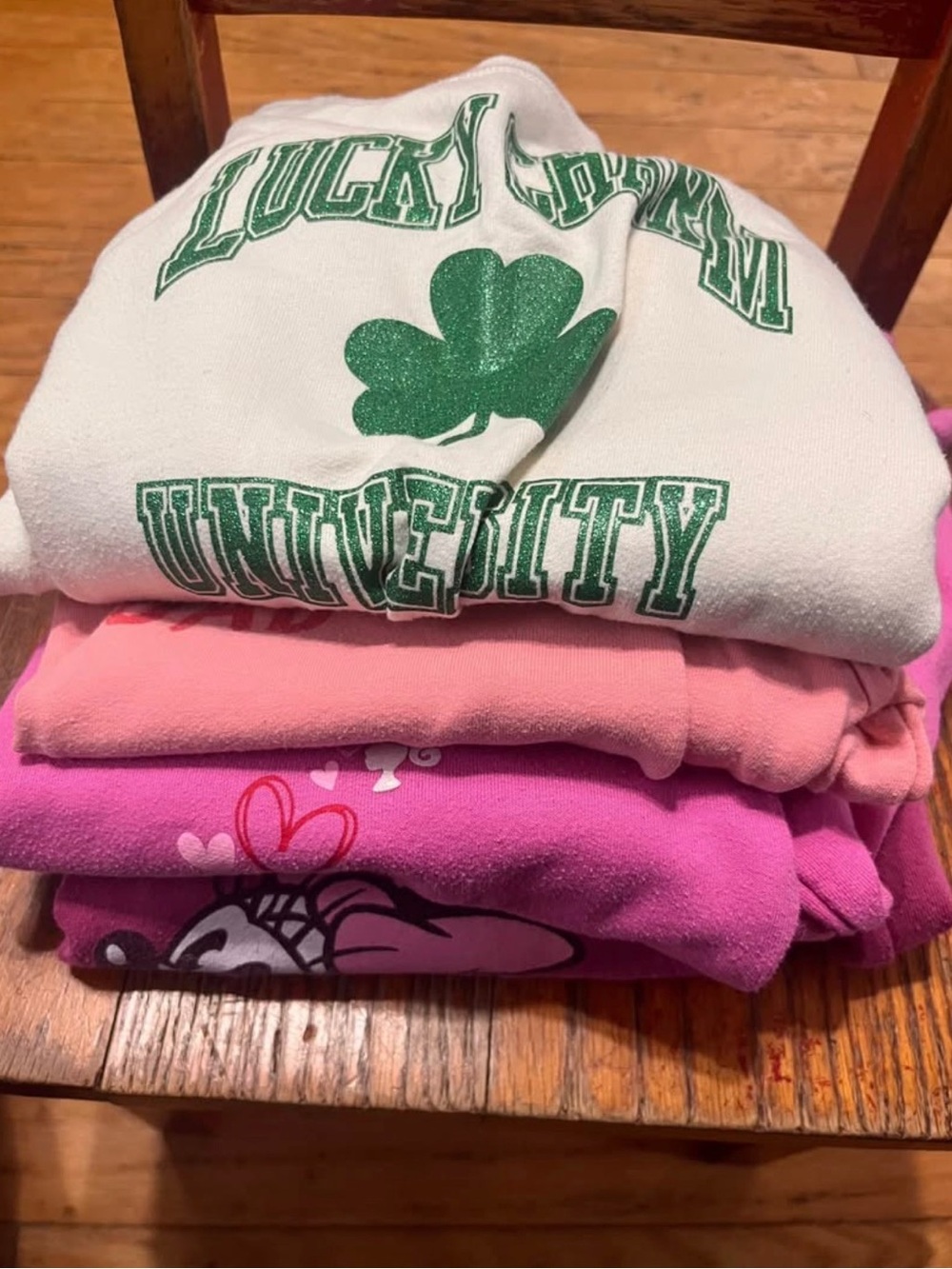 Bundle of 4 Girls Sweatshirts size 5/6 - Barbie, Lucky Charm,Santa Squad, Minnie